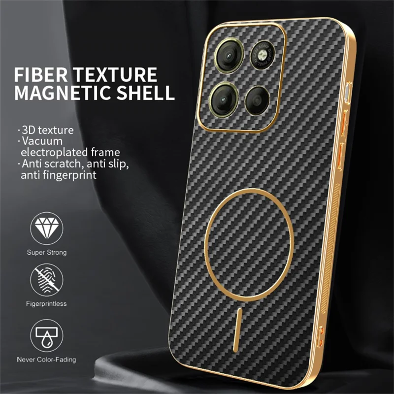 Funda para teléfono Motorola Moto G15 4G / G15 Power 4G - Funda trasera de TPU con textura de fibra de carbono y electrochapado - Negro