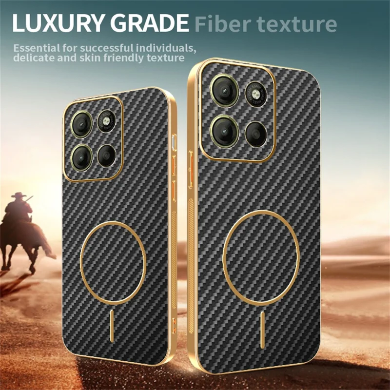 Funda para teléfono Motorola Moto G15 4G / G15 Power 4G - Funda trasera de TPU con textura de fibra de carbono y electrochapado - Negro