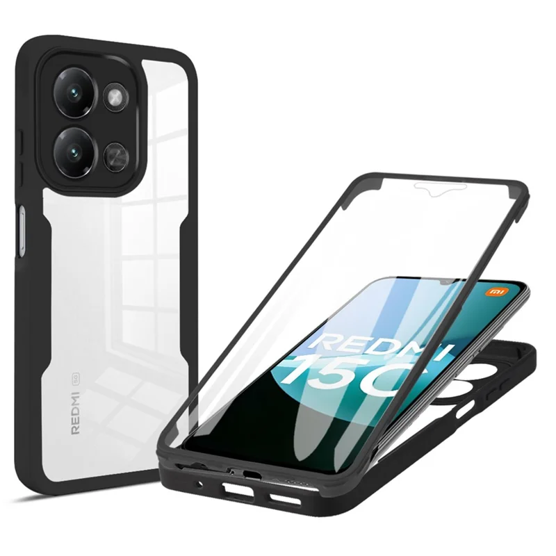 Étui de téléphone pour Xiaomi Redmi 15C 4G (UE) (173 mm) / 15C 5G (UE) (173 mm) / Poco C85 4G (173 mm) Acrylique + Étui de protection TPU transparent avec film d'écran en PET - Noir
