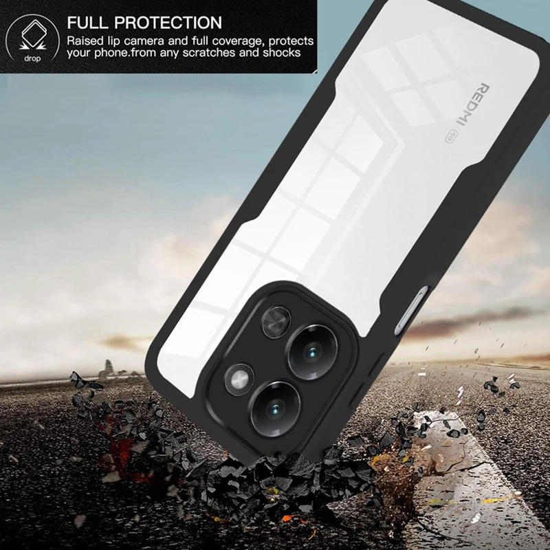 Étui de téléphone pour Xiaomi Redmi 15C 4G (UE) (173 mm) / 15C 5G (UE) (173 mm) / Poco C85 4G (173 mm) Acrylique + Étui de protection TPU transparent avec film d'écran en PET - Noir