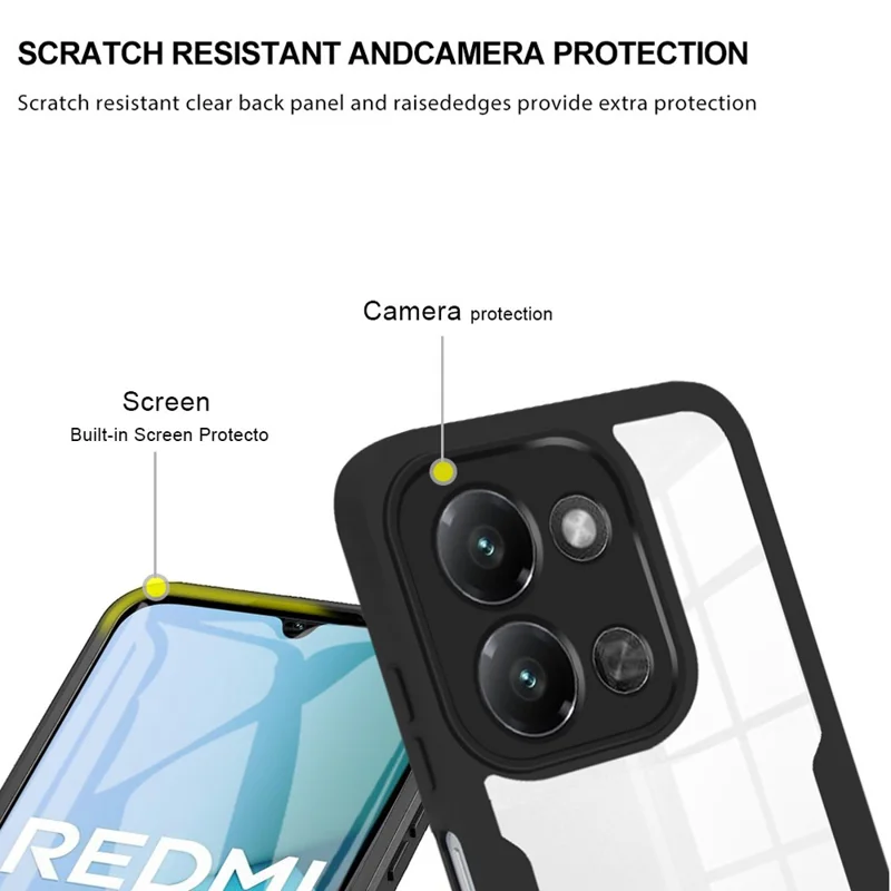 Étui de téléphone pour Xiaomi Redmi 15C 4G (UE) (173 mm) / 15C 5G (UE) (173 mm) / Poco C85 4G (173 mm) Acrylique + Étui de protection TPU transparent avec film d'écran en PET - Noir