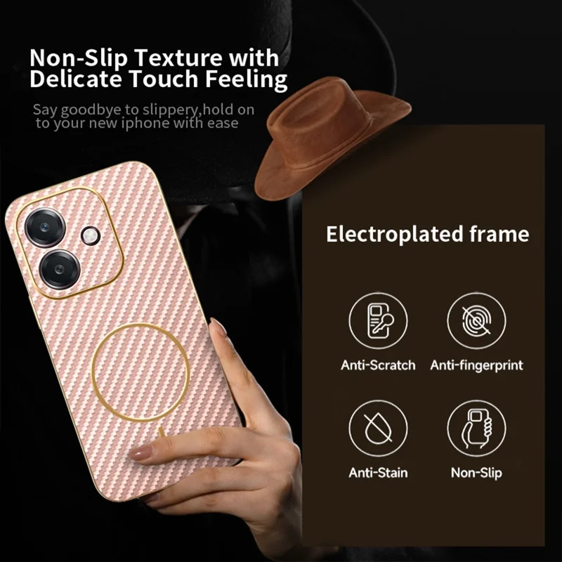 Capa de Celular para Oppo A3 4G / A3 5G / A40 4G / A40M 4G / A60 5G / A3i 5G Textura de Fibra de Carbono Revestimento Eletrolítico de TPU - Rosa