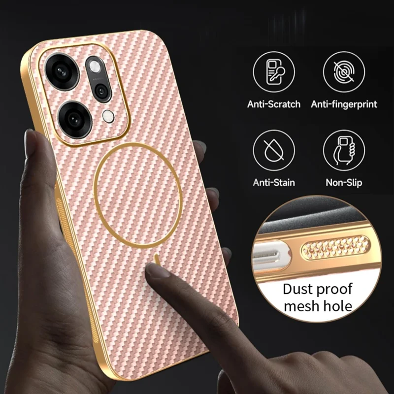 Oppo Reno14 Pro 5G (Global) Hülle Kohlefaser-Textur Galvanisierte TPU-Rückabdeckung - Pink