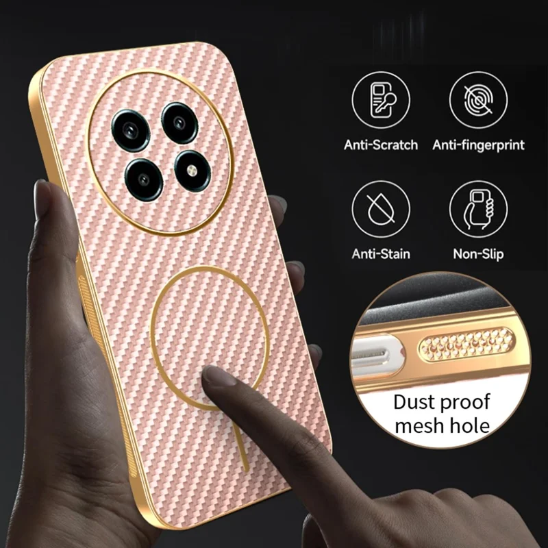 Étui pour téléphone Realme 13 Pro 5G (Global) / 13 Pro+ 5G (Global) - Couverture arrière en TPU texturée en fibre de carbone électroplaquée - Rose