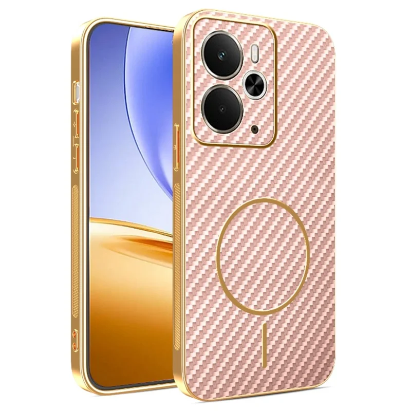Чехол для телефона Realme 14 5G / 14T 5G, текстурированный под углеродное волокно, электрохимическое покрытие, ТПУ-задняя крышка - розовый