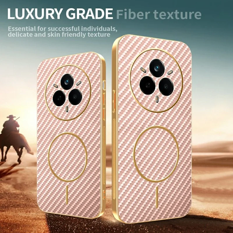 Realme 14 Pro 5G Handyhülle Kohlefaser-Textur Galvanisierte TPU-Rückabdeckung - Pink
