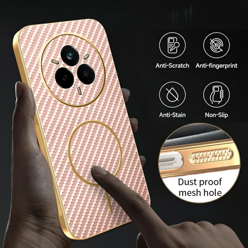 Realme 14 Pro 5G Handyhülle Kohlefaser-Textur Galvanisierte TPU-Rückabdeckung - Pink