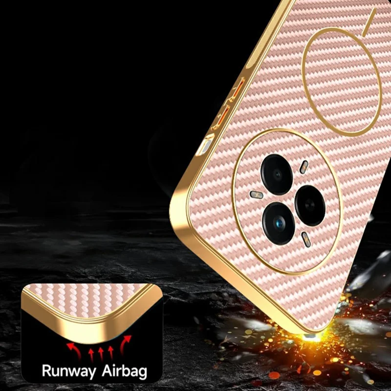 Realme 14 Pro 5G Handyhülle Kohlefaser-Textur Galvanisierte TPU-Rückabdeckung - Pink
