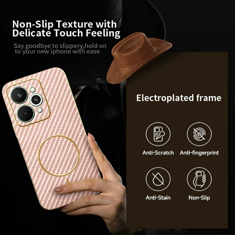 For Realme 15 5G Phone Case Carbon Fiber Textured Electroplated TPU Back Cover - Pink