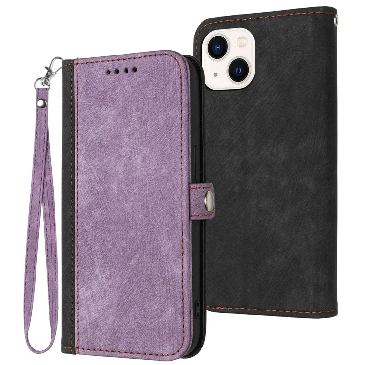 YX0020 Smart Phone Case for iPhone 14 Full Coverage PU Leather Stand Dual Magnetic Clasp Phone Cover Shell with Strap - Light Purple