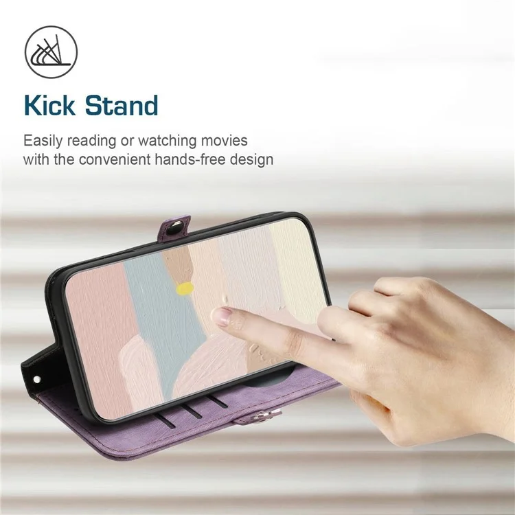 YX0020 Smart Phone Case for iPhone 14 Full Coverage PU Leather Stand Dual Magnetic Clasp Phone Cover Shell with Strap - Light Purple