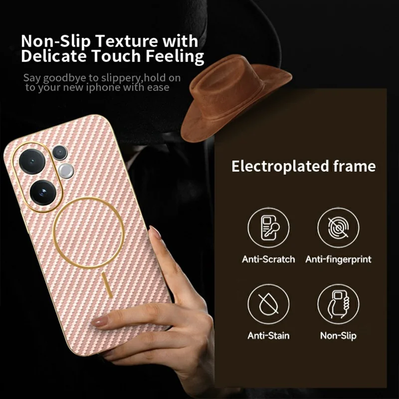 For vivo V60 5G Phone Case Carbon Fiber Textured Electroplated TPU Back Cover - Pink