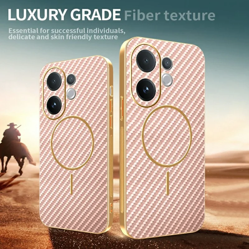 For vivo V60 5G Phone Case Carbon Fiber Textured Electroplated TPU Back Cover - Pink