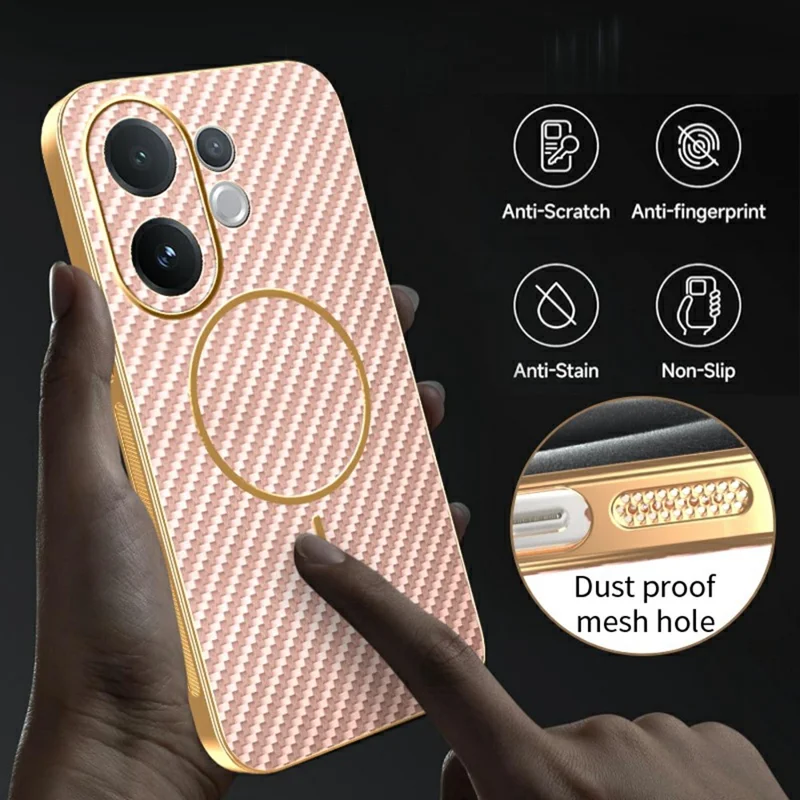 For vivo V60 5G Phone Case Carbon Fiber Textured Electroplated TPU Back Cover - Pink
