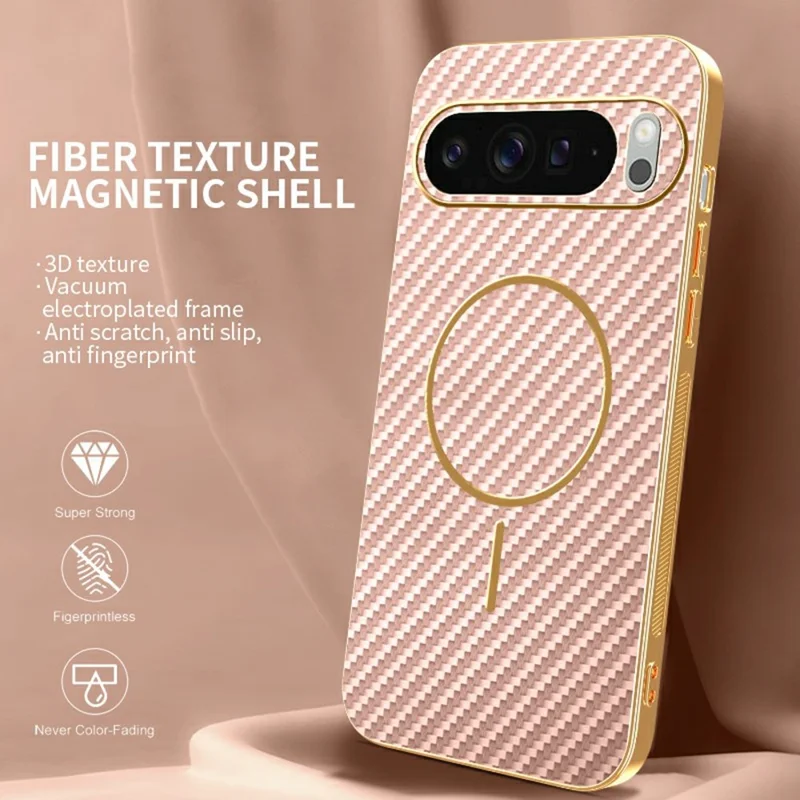 For Google Pixel 10 Pro Phone Case Carbon Fiber Textured Electroplated TPU Back Cover - Pink