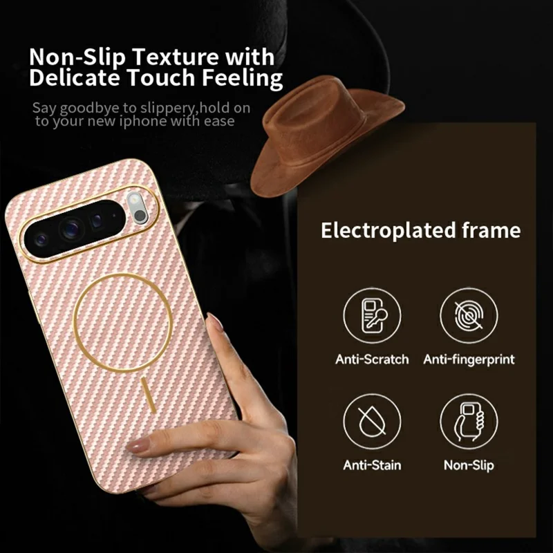 For Google Pixel 10 Pro Phone Case Carbon Fiber Textured Electroplated TPU Back Cover - Pink