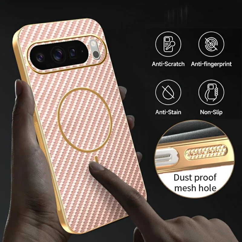 For Google Pixel 10 Pro Phone Case Carbon Fiber Textured Electroplated TPU Back Cover - Pink