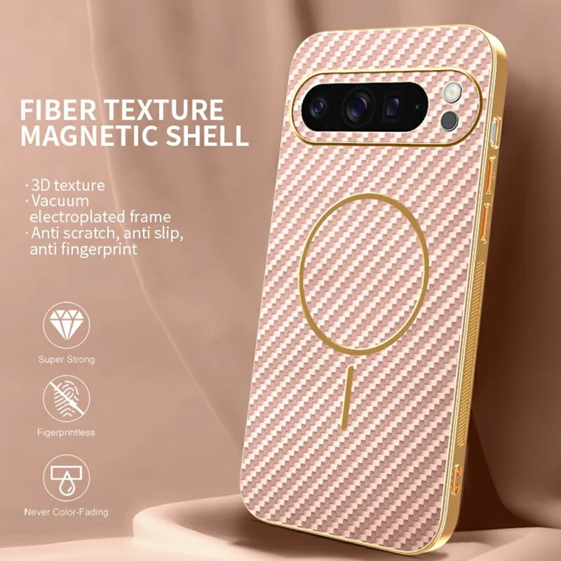 For Google Pixel 9 Pro XL Phone Case Carbon Fiber Textured Electroplated TPU Back Cover - Pink