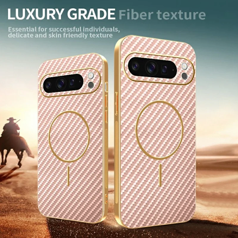 For Google Pixel 9 Pro XL Phone Case Carbon Fiber Textured Electroplated TPU Back Cover - Pink