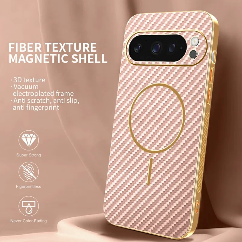 For Google Pixel 9 Pro Phone Case Carbon Fiber Textured Electroplated TPU Back Cover - Pink