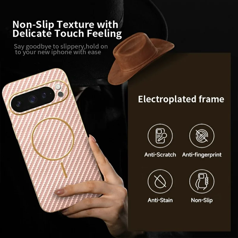 For Google Pixel 9 Pro Phone Case Carbon Fiber Textured Electroplated TPU Back Cover - Pink