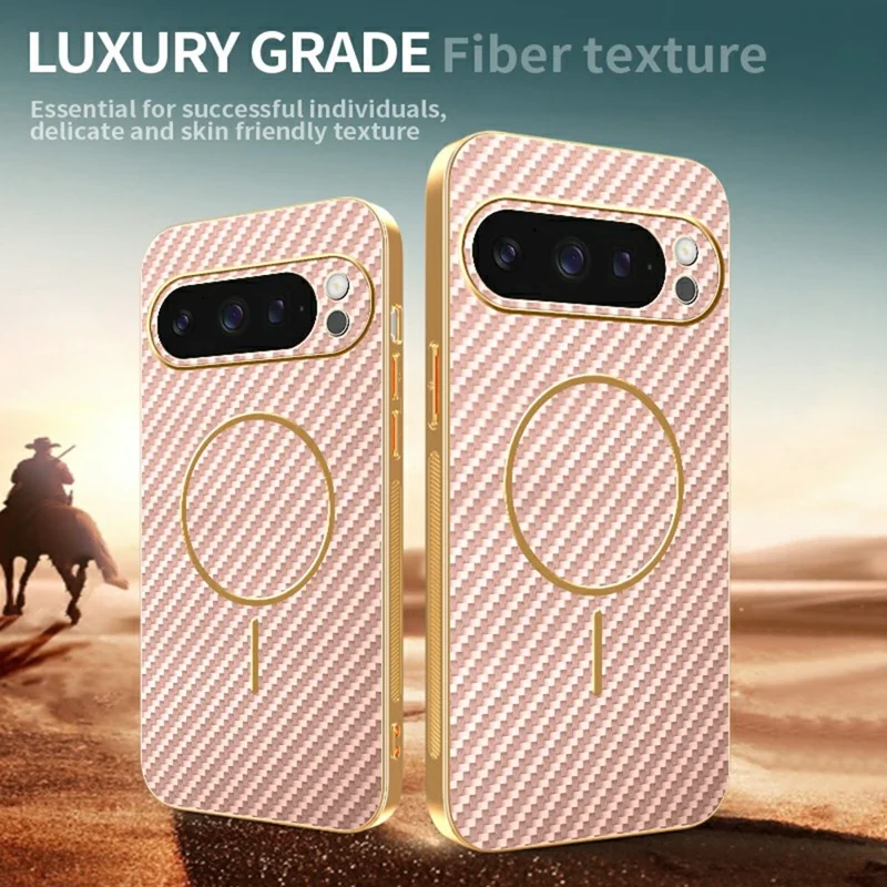 For Google Pixel 9 Pro Phone Case Carbon Fiber Textured Electroplated TPU Back Cover - Pink