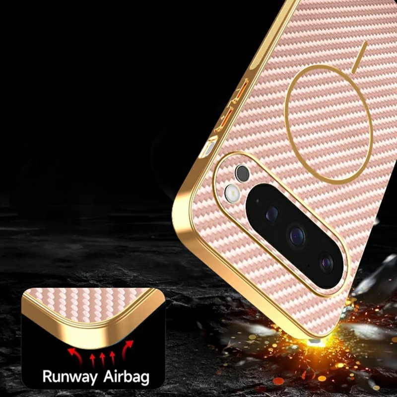 For Google Pixel 9 Pro Phone Case Carbon Fiber Textured Electroplated TPU Back Cover - Pink