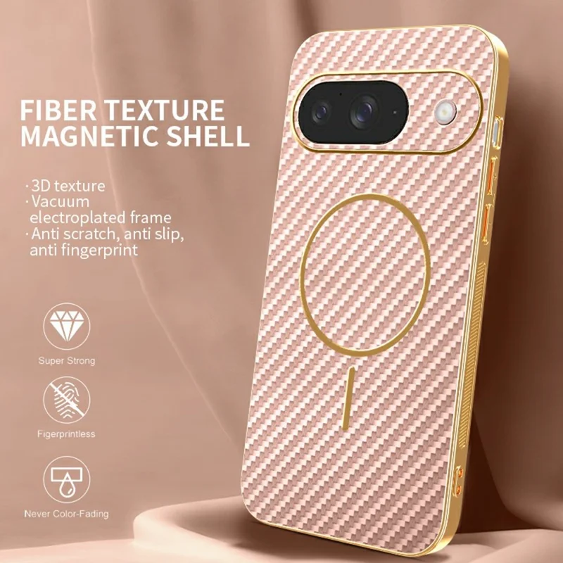 For Google Pixel 9 Phone Case Carbon Fiber Textured Electroplated TPU Back Cover - Rose Gold