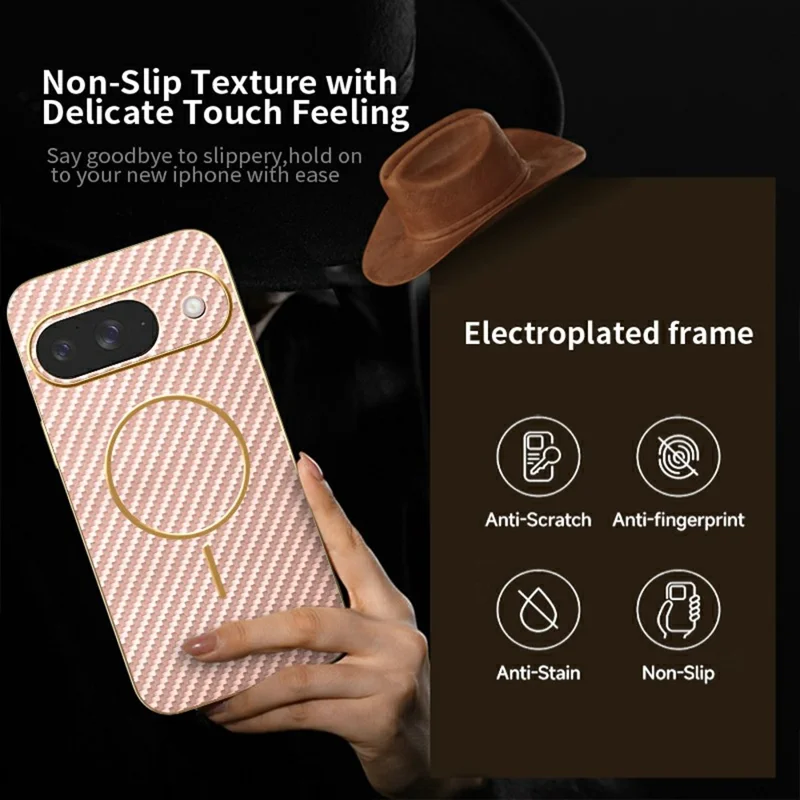 For Google Pixel 9 Phone Case Carbon Fiber Textured Electroplated TPU Back Cover - Rose Gold