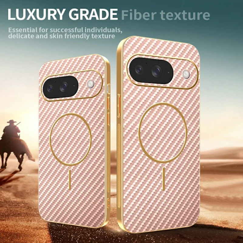 For Google Pixel 9 Phone Case Carbon Fiber Textured Electroplated TPU Back Cover - Rose Gold