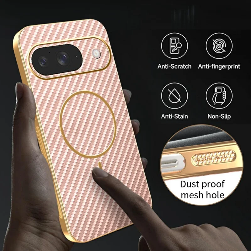 For Google Pixel 10 Phone Case Carbon Fiber Textured Electroplated TPU Back Cover - Pink