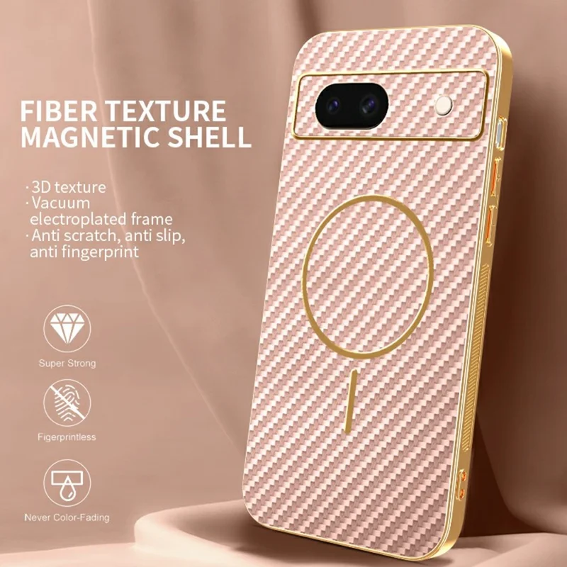 For Google Pixel 8a Phone Case Carbon Fiber Textured Electroplated TPU Back Cover - Pink