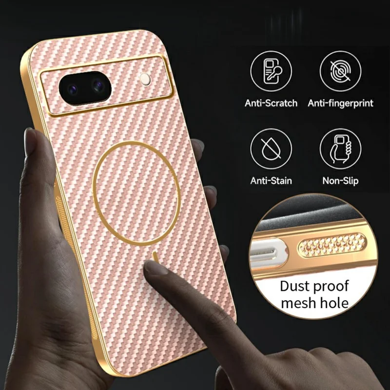 For Google Pixel 8a Phone Case Carbon Fiber Textured Electroplated TPU Back Cover - Pink