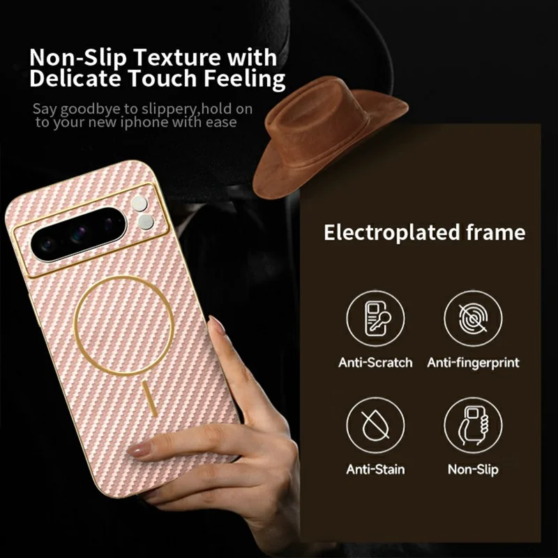 For Google Pixel 8 Pro Phone Case Carbon Fiber Textured Electroplated TPU Back Cover - Pink