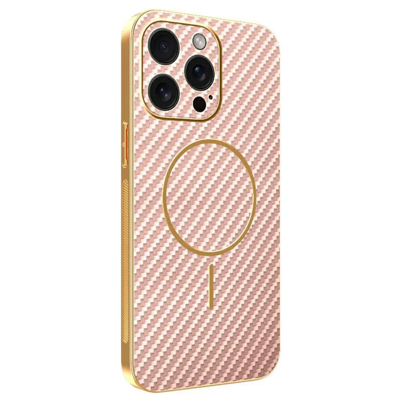 For iPhone 15 Pro Max Phone Case Carbon Fiber Textured Electroplated TPU Back Cover - Pink