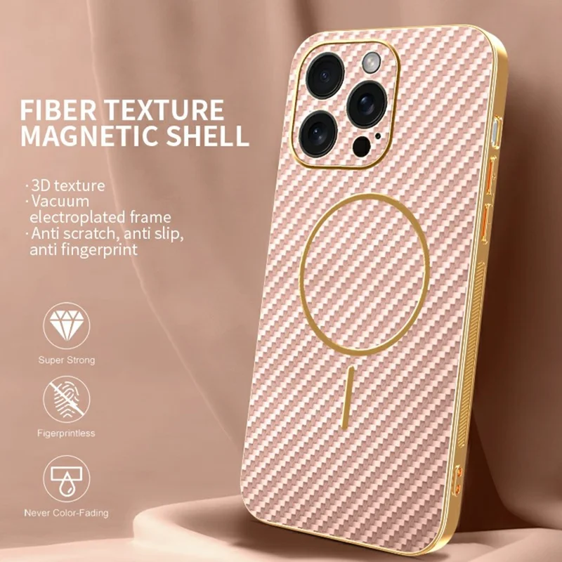 For iPhone 15 Pro Max Phone Case Carbon Fiber Textured Electroplated TPU Back Cover - Pink