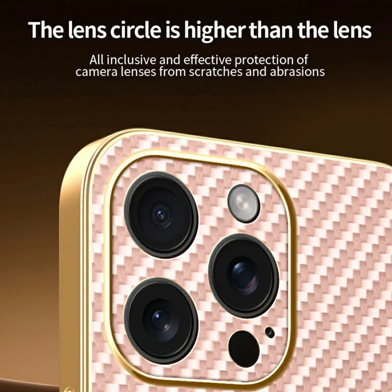 For iPhone 15 Pro Max Phone Case Carbon Fiber Textured Electroplated TPU Back Cover - Pink