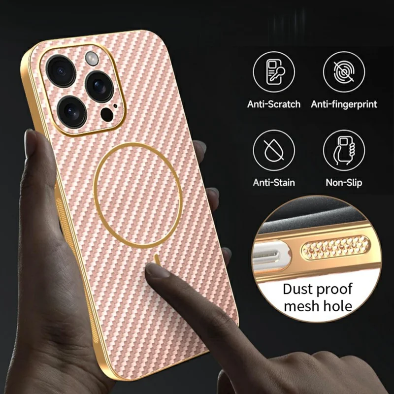 For iPhone 15 Pro Max Phone Case Carbon Fiber Textured Electroplated TPU Back Cover - Pink
