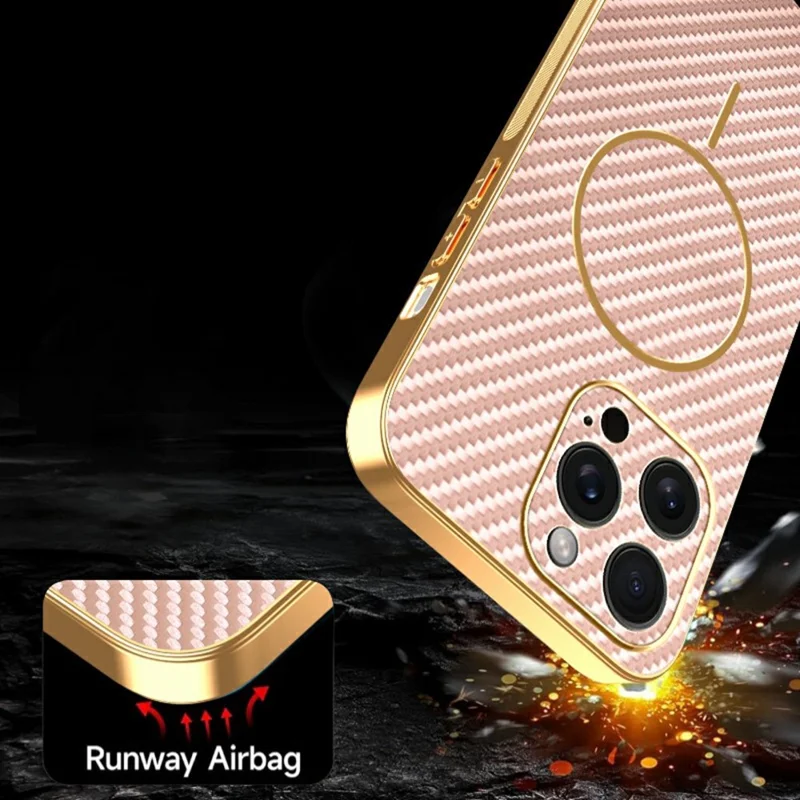 For iPhone 15 Pro Max Phone Case Carbon Fiber Textured Electroplated TPU Back Cover - Pink