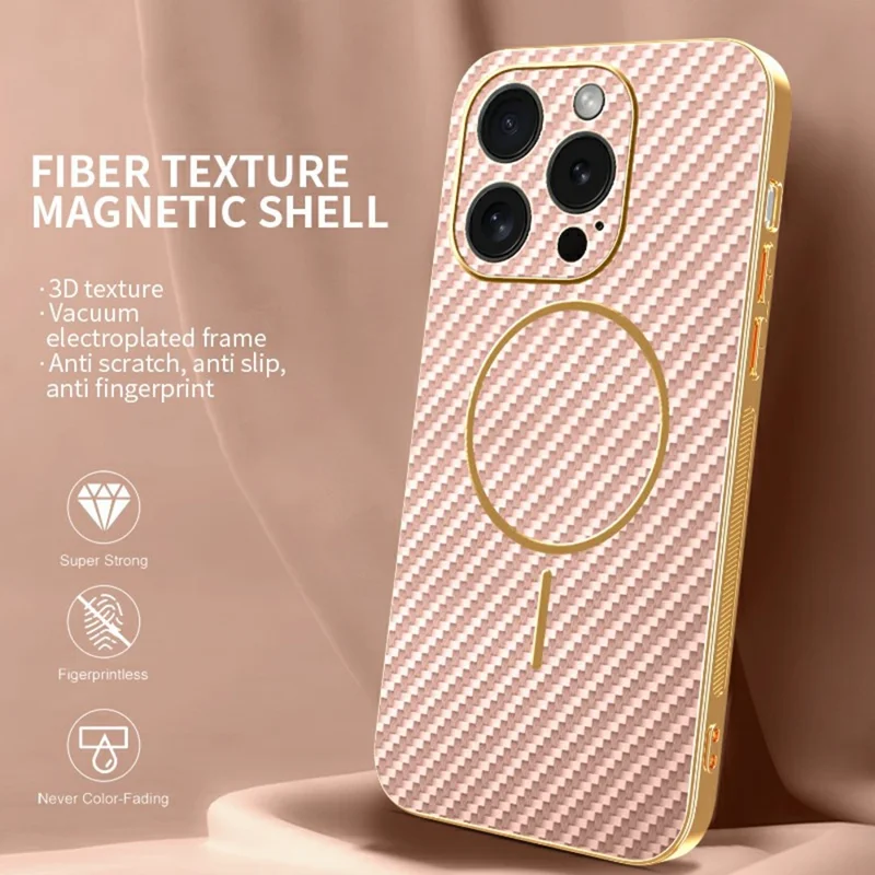 For iPhone 15 Pro Phone Case Carbon Fiber Textured Electroplated TPU Back Cover - Pink