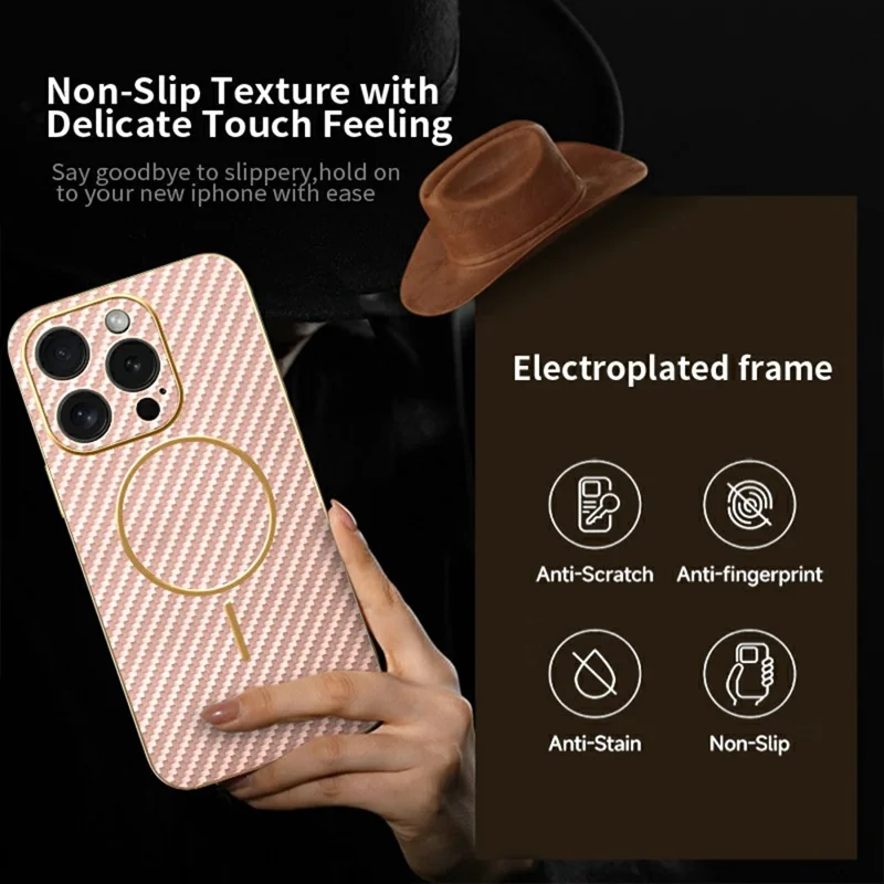 For iPhone 15 Pro Phone Case Carbon Fiber Textured Electroplated TPU Back Cover - Pink