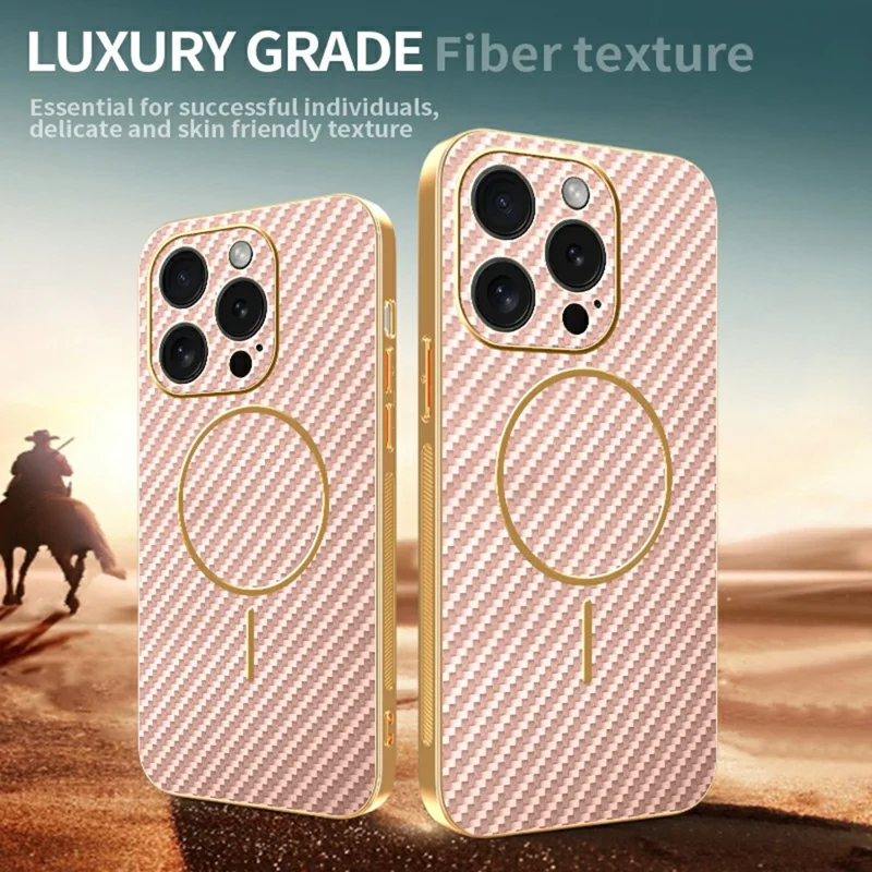 For iPhone 15 Pro Phone Case Carbon Fiber Textured Electroplated TPU Back Cover - Pink