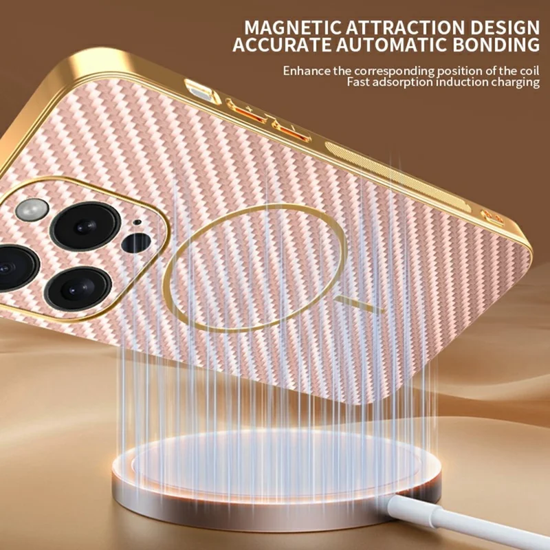 For iPhone 15 Pro Phone Case Carbon Fiber Textured Electroplated TPU Back Cover - Pink