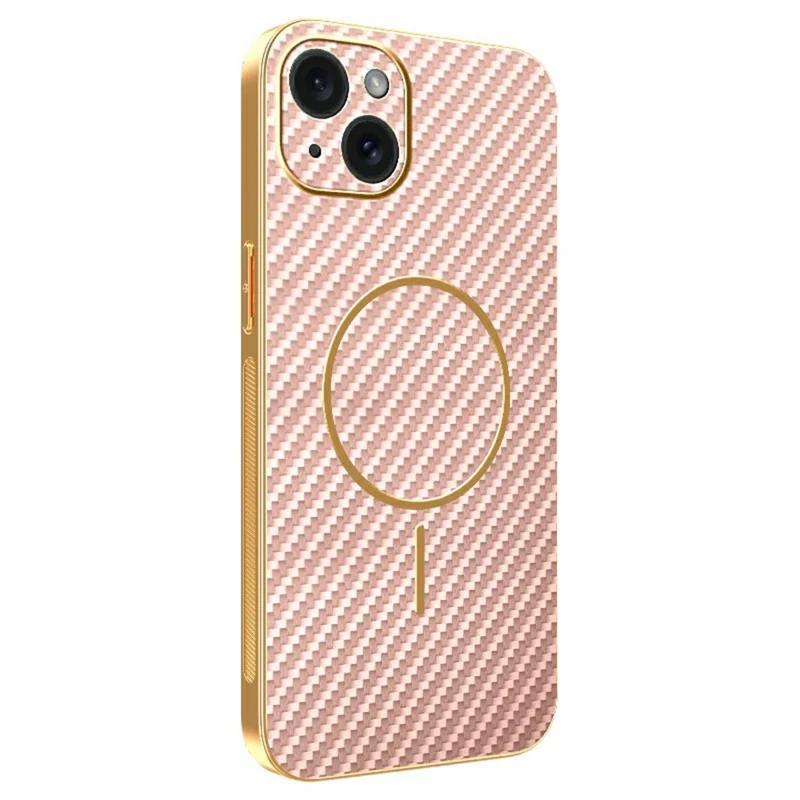 For iPhone 15 Plus Phone Case Carbon Fiber Textured Electroplated TPU Back Cover - Pink