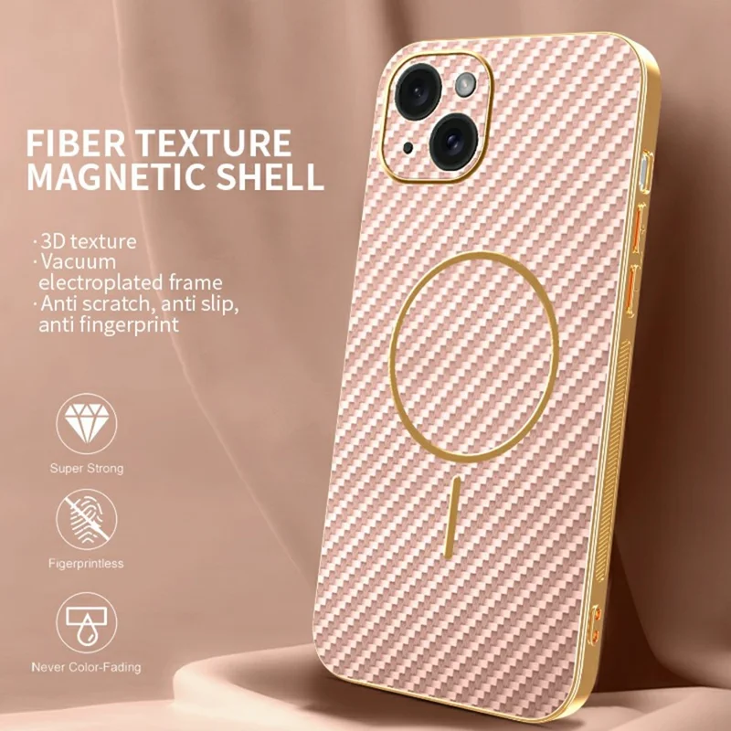 For iPhone 15 Plus Phone Case Carbon Fiber Textured Electroplated TPU Back Cover - Pink