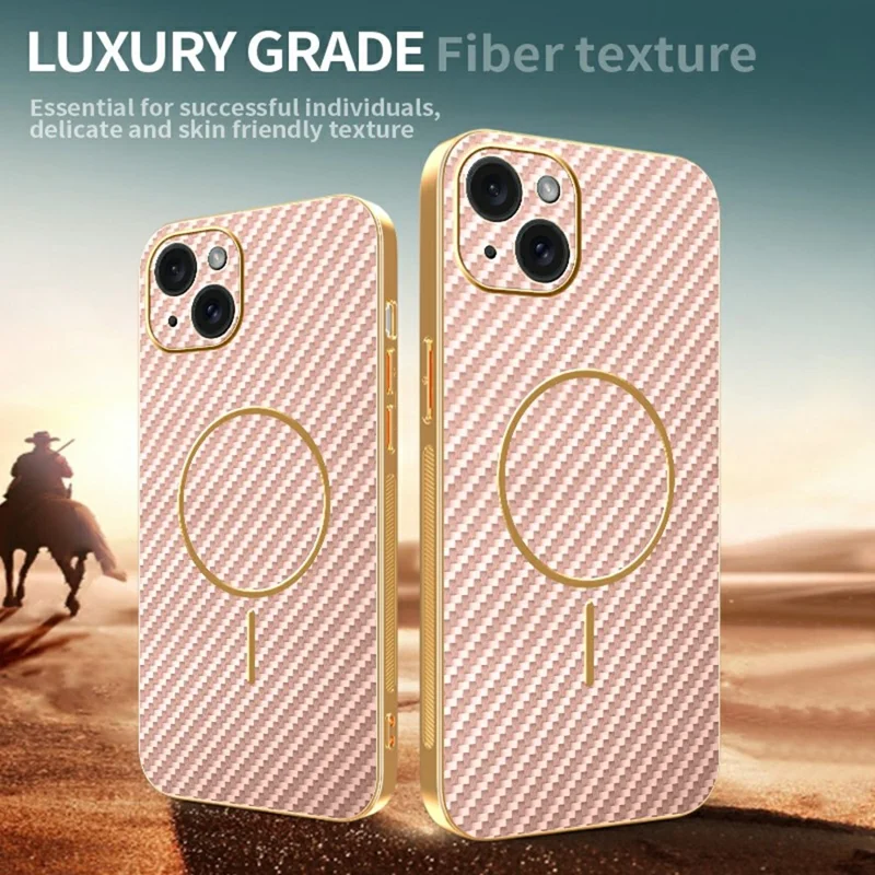For iPhone 15 Plus Phone Case Carbon Fiber Textured Electroplated TPU Back Cover - Pink