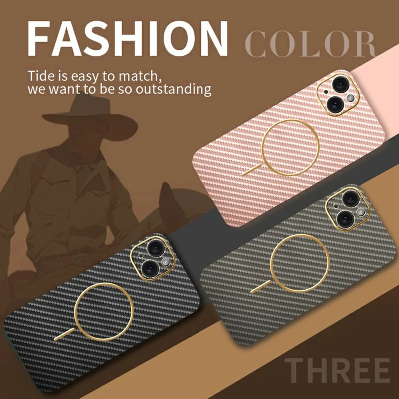 For iPhone 15 Plus Phone Case Carbon Fiber Textured Electroplated TPU Back Cover - Pink