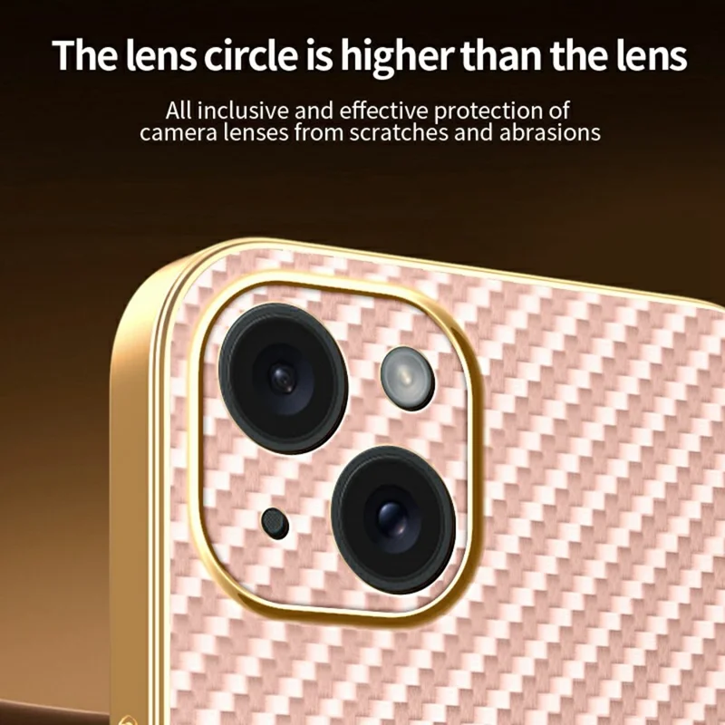 For iPhone 15 Plus Phone Case Carbon Fiber Textured Electroplated TPU Back Cover - Pink