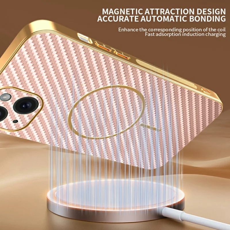 For iPhone 15 Plus Phone Case Carbon Fiber Textured Electroplated TPU Back Cover - Pink