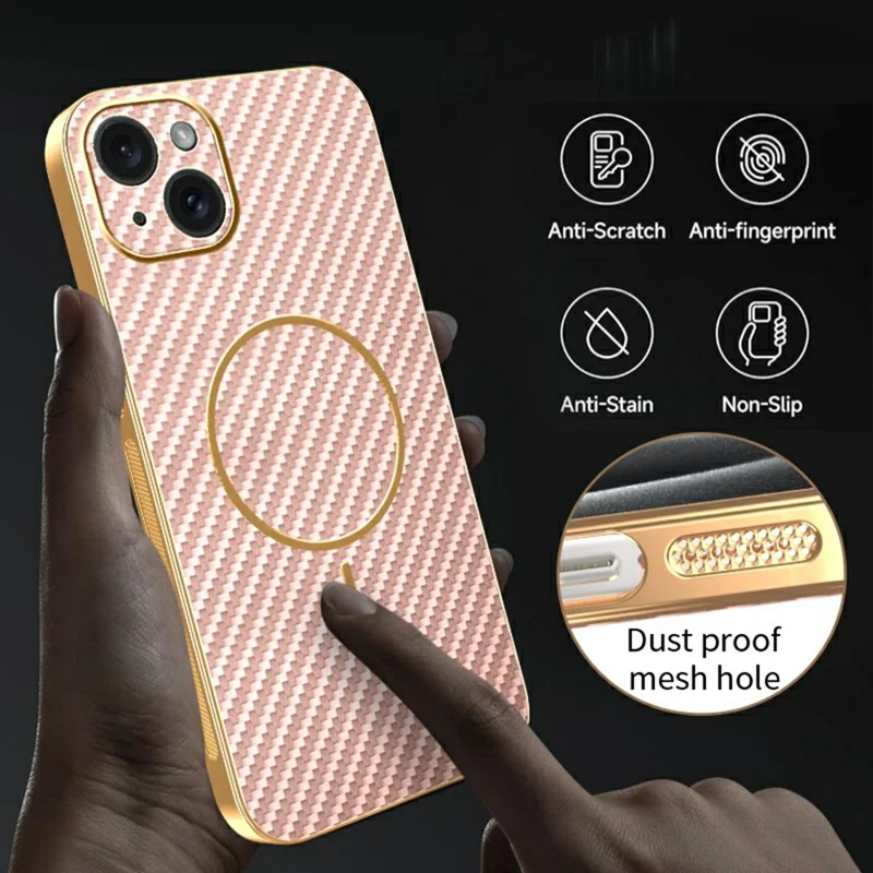 For iPhone 15 Plus Phone Case Carbon Fiber Textured Electroplated TPU Back Cover - Pink
